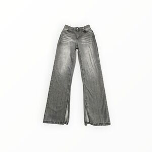 Denim Jeans Women 30X31 Grey Wide Leg Side Slit Washed High Waist Faded
